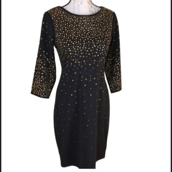 10 3/4 Sleeve Wrinkle Resistant black gold stud SHEATH DRESS RABBIT RABBIT - Picture 1 of 6